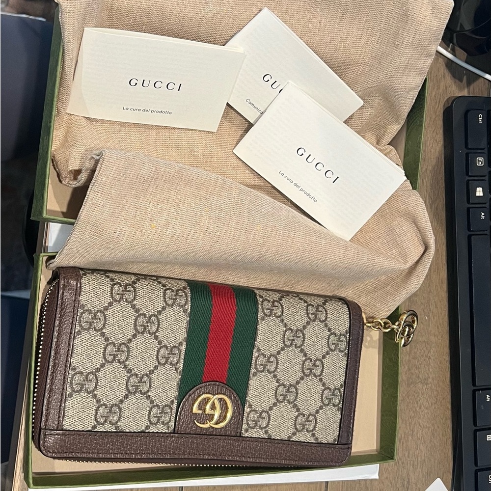 Gucci Beige and Brown Wallet with Green and Red Stripe